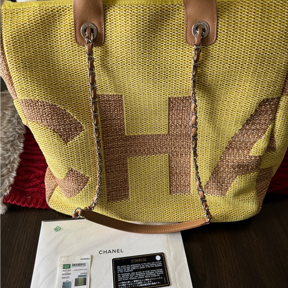CHANEL Handbags - Chanel Deauville Yellow and Brown logo Shopping Tote Large